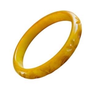 VTG Carved Yellow Egg Yolk Bakelite Bangle Bracelet Tested Art Deco Original